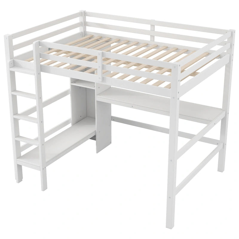 Cama alta matrimonial con estantes de almacenamiento y escritorio, estructura de cama infantil multifuncional con estantería abierta