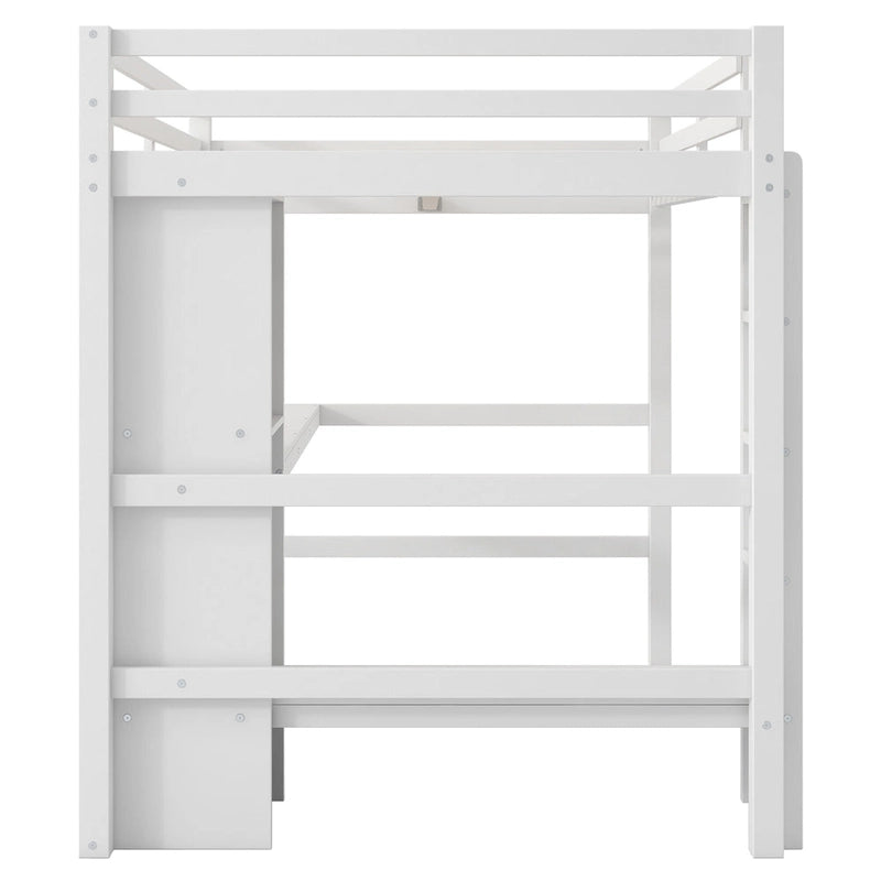 Cama alta matrimonial con estantes de almacenamiento y escritorio, estructura de cama infantil multifuncional con estantería abierta
