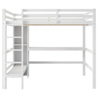 Cama alta matrimonial con estantes de almacenamiento y escritorio, estructura de cama infantil multifuncional con estantería abierta