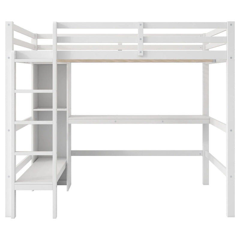 Cama alta matrimonial con estantes de almacenamiento y escritorio, estructura de cama infantil multifuncional con estantería abierta