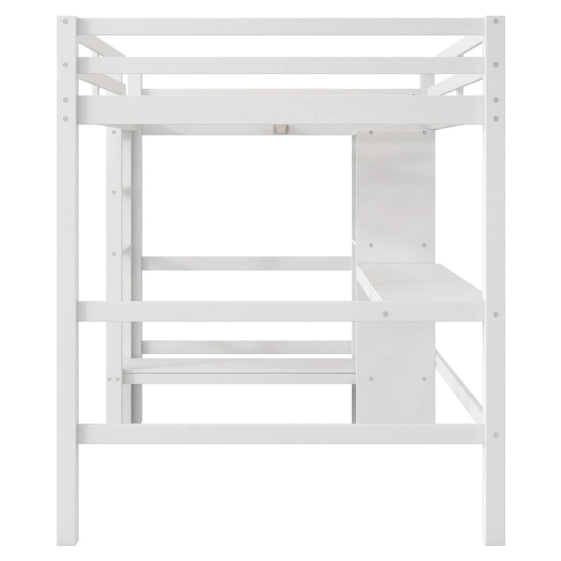Cama alta matrimonial con estantes de almacenamiento y escritorio, estructura de cama infantil multifuncional con estantería abierta