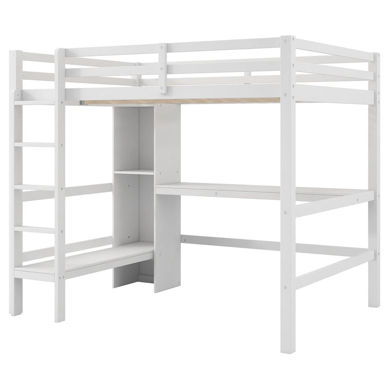 Cama alta matrimonial con estantes de almacenamiento y escritorio, estructura de cama infantil multifuncional con estantería abierta