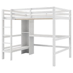 Cama alta matrimonial con estantes de almacenamiento y escritorio, estructura de cama infantil multifuncional con estantería abierta