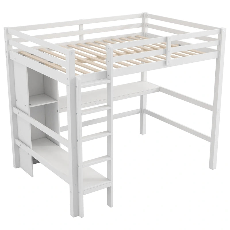 Cama alta matrimonial con estantes de almacenamiento y escritorio, estructura de cama infantil multifuncional con estantería abierta