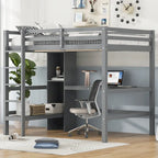 Cama alta matrimonial con estantes de almacenamiento y escritorio, estructura de cama infantil multifuncional con estantería abierta