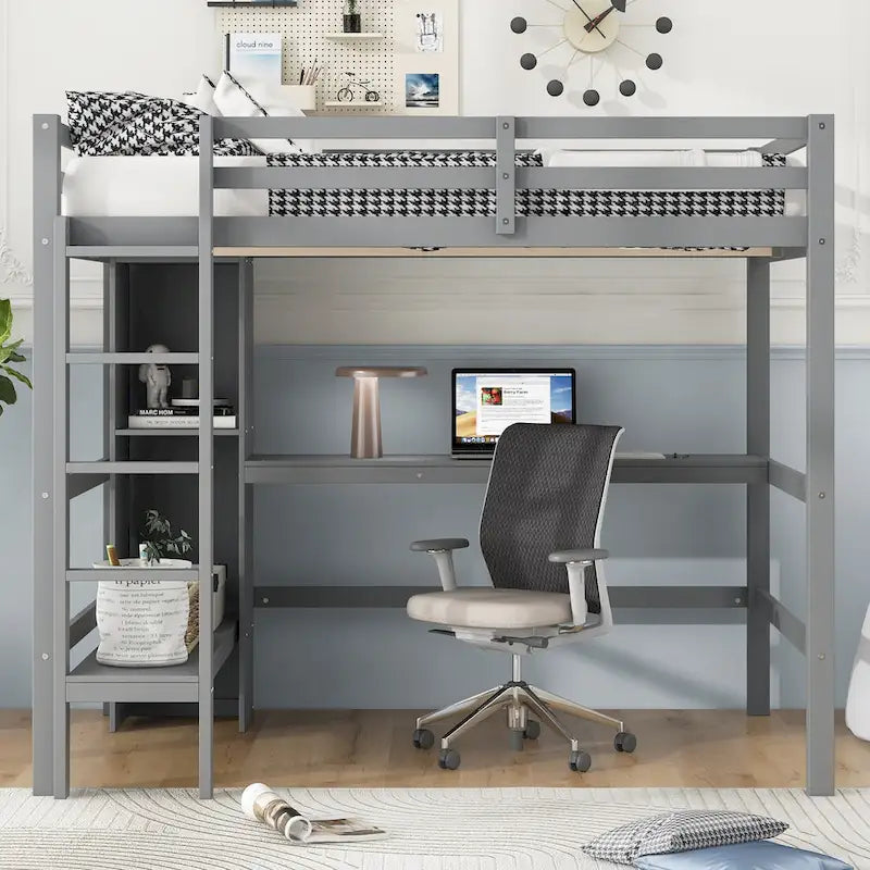 Cama alta matrimonial con estantes de almacenamiento y escritorio, estructura de cama infantil multifuncional con estantería abierta