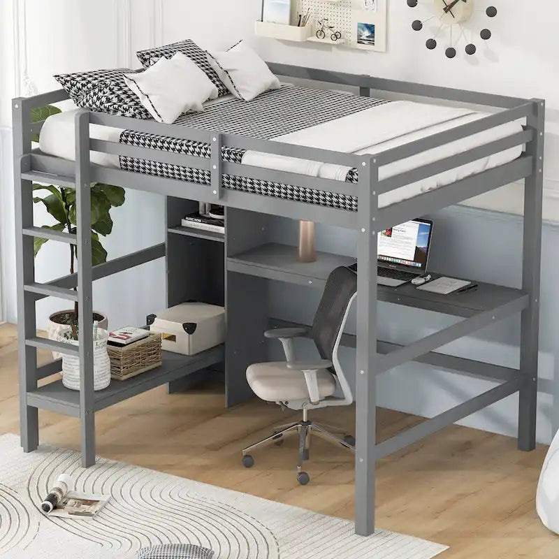 Cama alta matrimonial con estantes de almacenamiento y escritorio, estructura de cama infantil multifuncional con estantería abierta