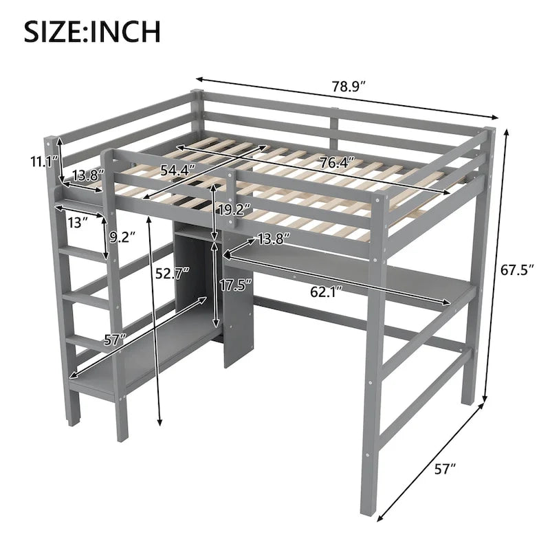 Cama alta matrimonial con estantes de almacenamiento y escritorio, estructura de cama infantil multifuncional con estantería abierta