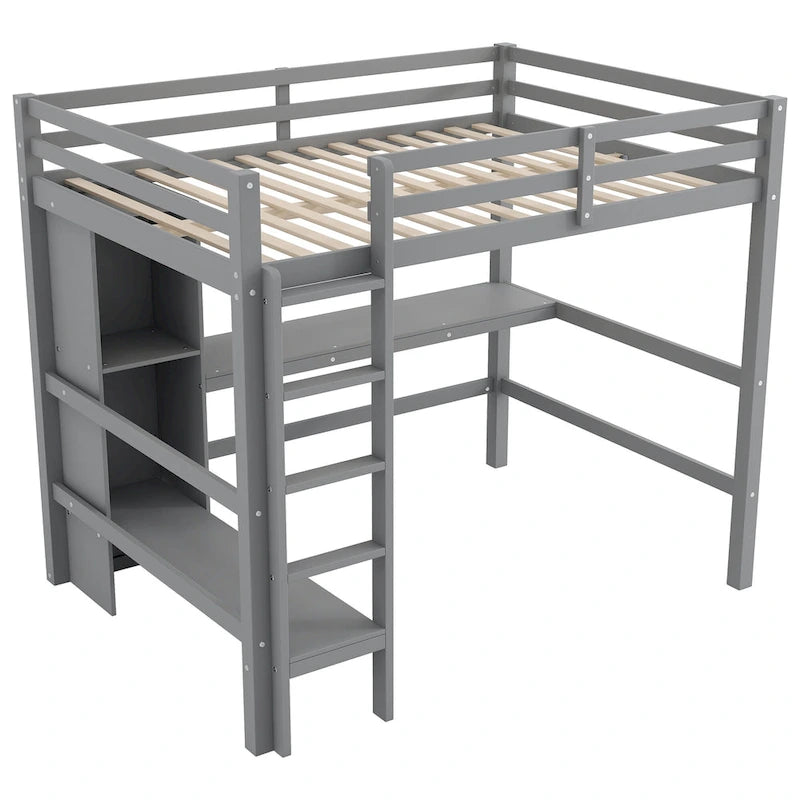Cama alta matrimonial con estantes de almacenamiento y escritorio, estructura de cama infantil multifuncional con estantería abierta