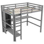 Cama alta matrimonial con estantes de almacenamiento y escritorio, estructura de cama infantil multifuncional con estantería abierta