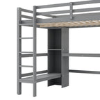 Cama alta matrimonial con estantes de almacenamiento y escritorio, estructura de cama infantil multifuncional con estantería abierta