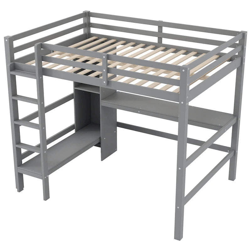 Cama alta matrimonial con estantes de almacenamiento y escritorio, estructura de cama infantil multifuncional con estantería abierta
