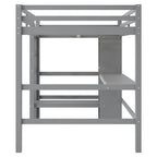 Cama alta matrimonial con estantes de almacenamiento y escritorio, estructura de cama infantil multifuncional con estantería abierta