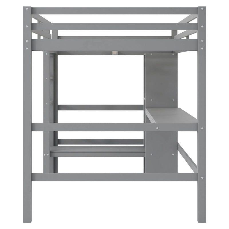 Cama alta matrimonial con estantes de almacenamiento y escritorio, estructura de cama infantil multifuncional con estantería abierta