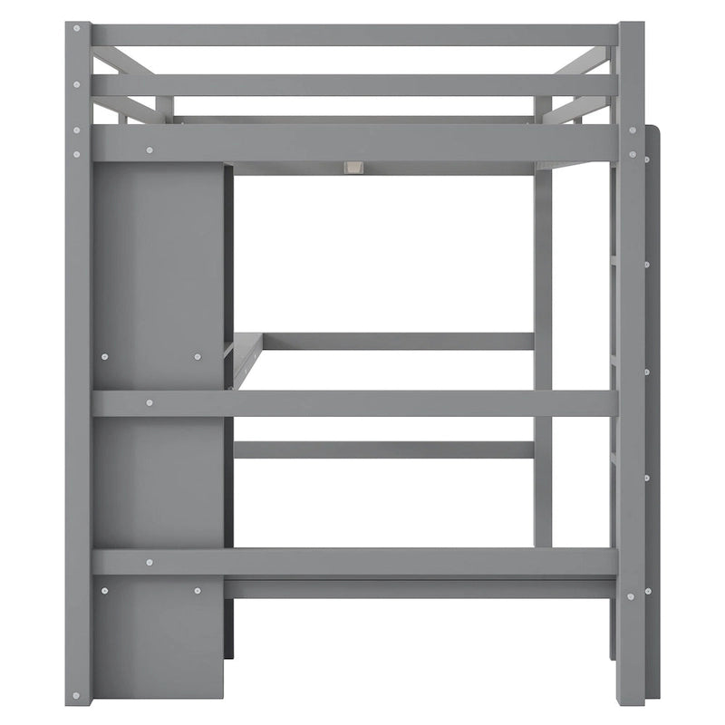 Cama alta matrimonial con estantes de almacenamiento y escritorio, estructura de cama infantil multifuncional con estantería abierta