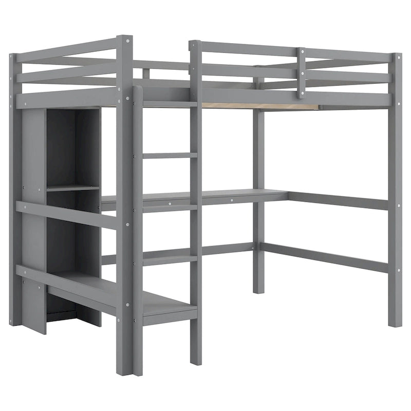 Cama alta matrimonial con estantes de almacenamiento y escritorio, estructura de cama infantil multifuncional con estantería abierta