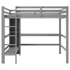 Cama alta matrimonial con estantes de almacenamiento y escritorio, estructura de cama infantil multifuncional con estantería abierta