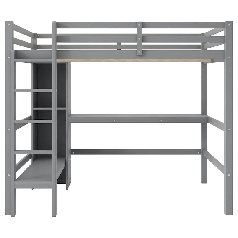 Cama alta matrimonial con estantes de almacenamiento y escritorio, estructura de cama infantil multifuncional con estantería abierta