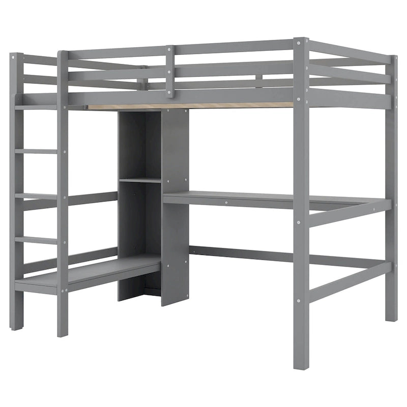 Cama alta matrimonial con estantes de almacenamiento y escritorio, estructura de cama infantil multifuncional con estantería abierta