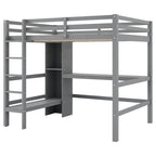 Cama alta matrimonial con estantes de almacenamiento y escritorio, estructura de cama infantil multifuncional con estantería abierta