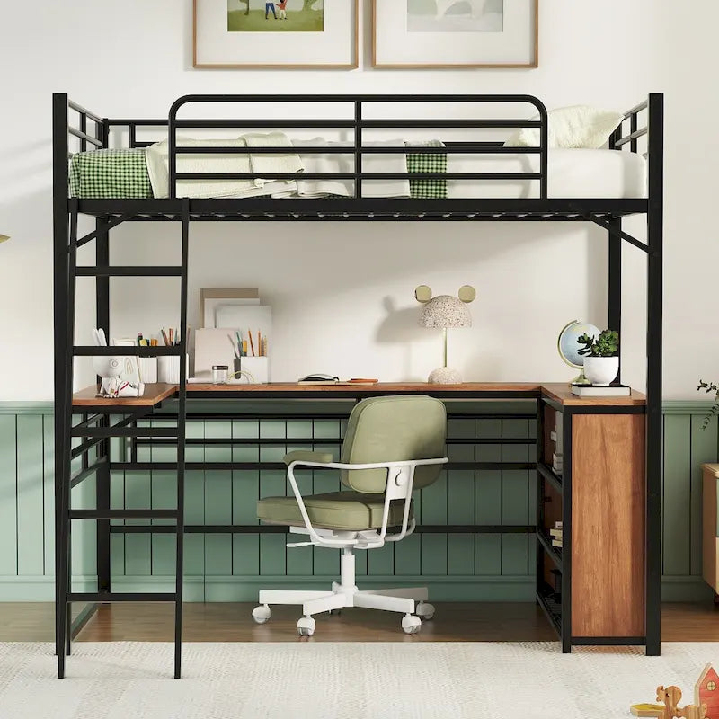 Cama alta de metal con escritorio en forma de L debajo de la cama y 3 estantes de almacenamiento, escalera móvil, cama alta