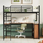 Cama alta de metal con escritorio en forma de L debajo de la cama y 3 estantes de almacenamiento, escalera móvil, cama alta