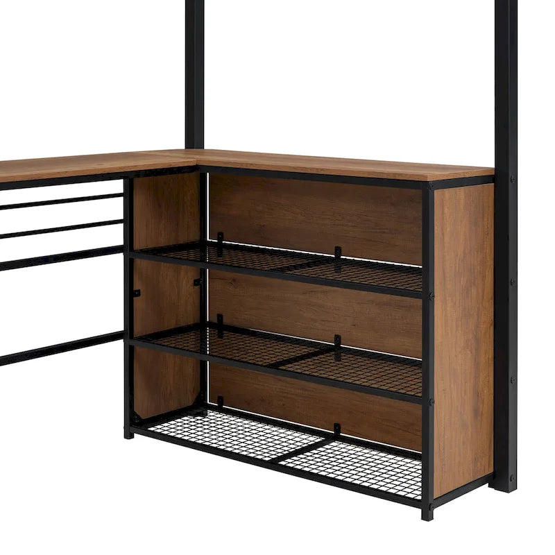 Metal Loft Bed with Under Bed L-shaped Desk and 3 Storage Shelves, Movable Ladder High Loft Bed