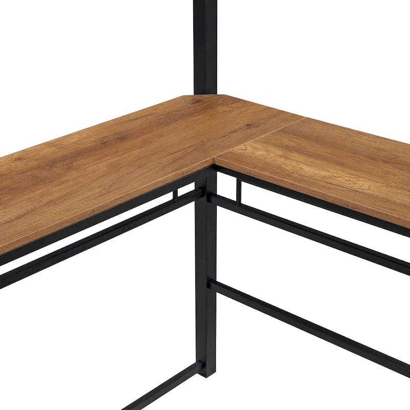 Cama alta de metal con escritorio en forma de L debajo de la cama y 3 estantes de almacenamiento, escalera móvil, cama alta