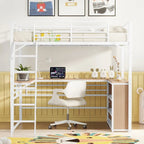 Cama alta de metal con escritorio en forma de L debajo de la cama y 3 estantes de almacenamiento, escalera móvil, cama alta