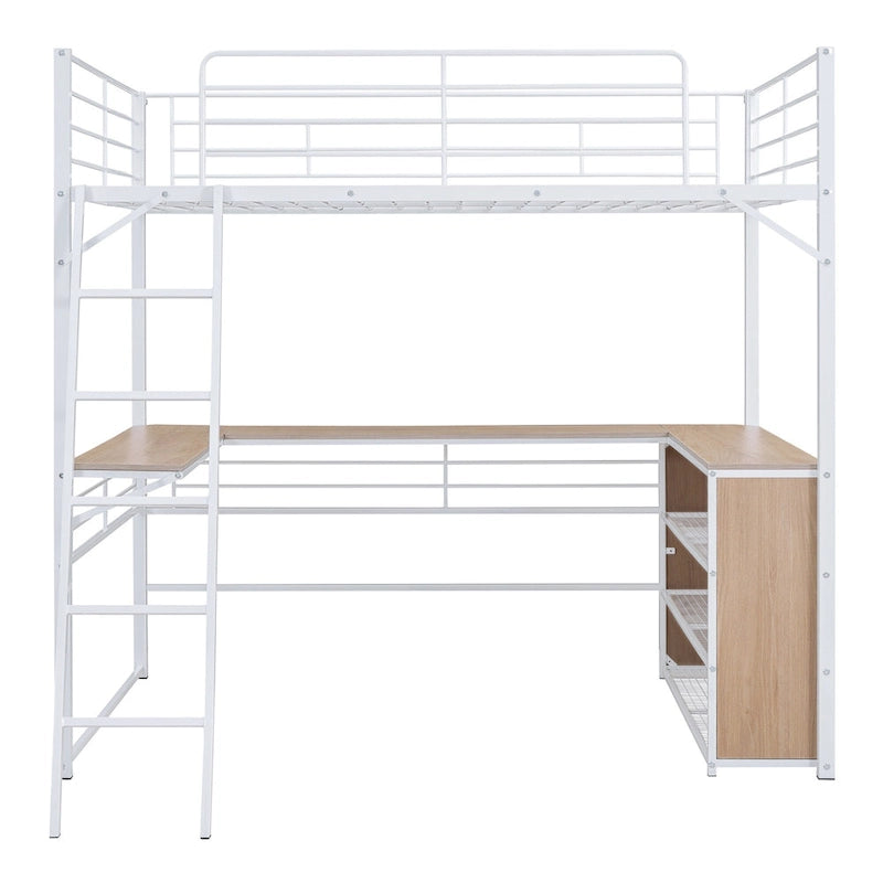 Cama alta de metal con escritorio en forma de L debajo de la cama y 3 estantes de almacenamiento, escalera móvil, cama alta