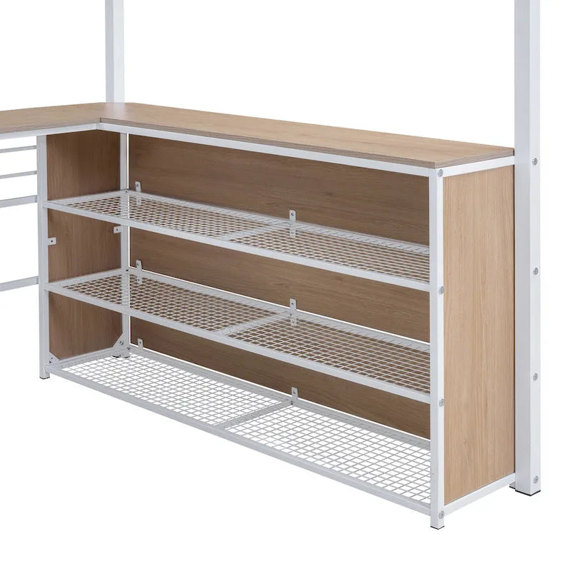 Cama alta de metal con escritorio en forma de L debajo de la cama y 3 estantes de almacenamiento, escalera móvil, cama alta