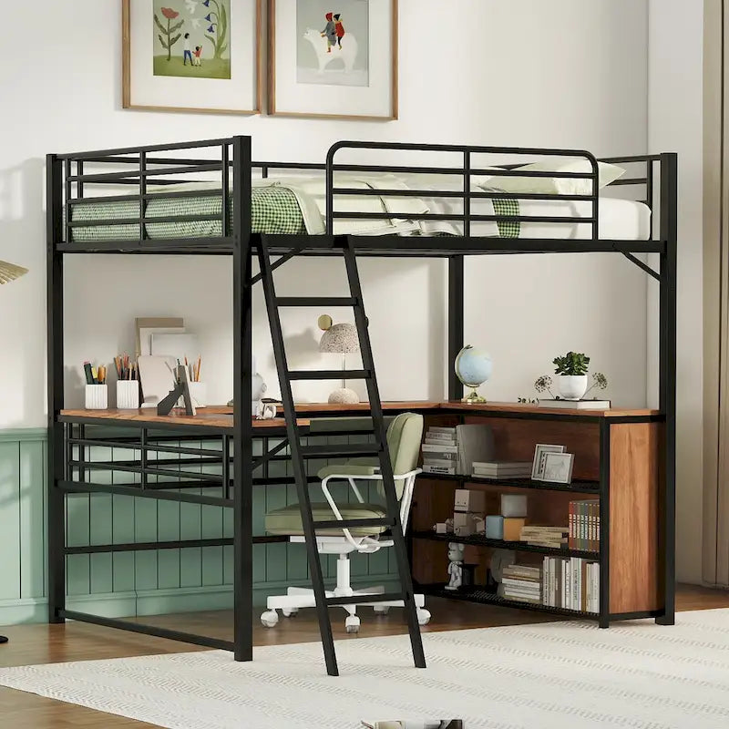 Cama alta de metal con escritorio en forma de L debajo de la cama y 3 estantes de almacenamiento, escalera móvil, cama alta