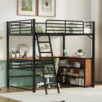 Cama alta de metal con escritorio en forma de L debajo de la cama y 3 estantes de almacenamiento, escalera móvil, cama alta