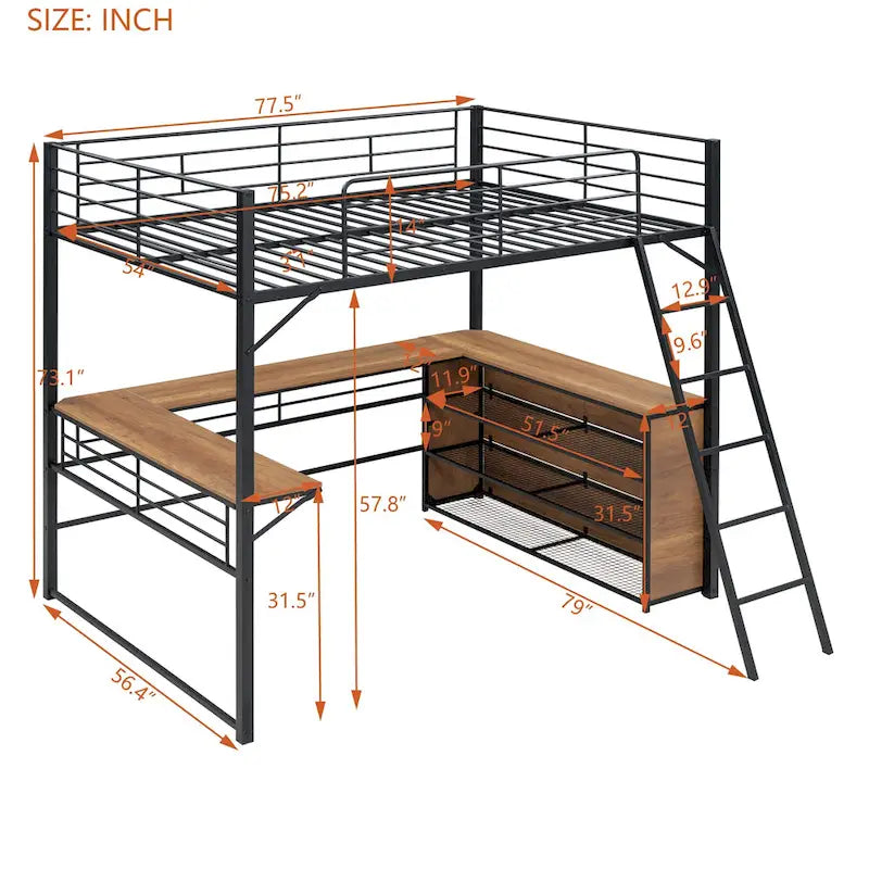 Cama alta de metal con escritorio en forma de L debajo de la cama y 3 estantes de almacenamiento, escalera móvil, cama alta