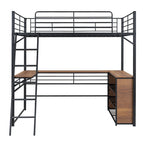 Cama alta de metal con escritorio en forma de L debajo de la cama y 3 estantes de almacenamiento, escalera móvil, cama alta