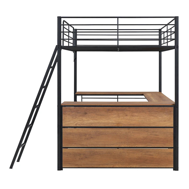Cama alta de metal con escritorio en forma de L debajo de la cama y 3 estantes de almacenamiento, escalera móvil, cama alta