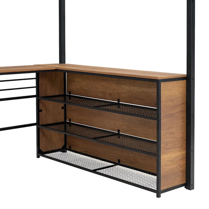 Cama alta de metal con escritorio en forma de L debajo de la cama y 3 estantes de almacenamiento, escalera móvil, cama alta