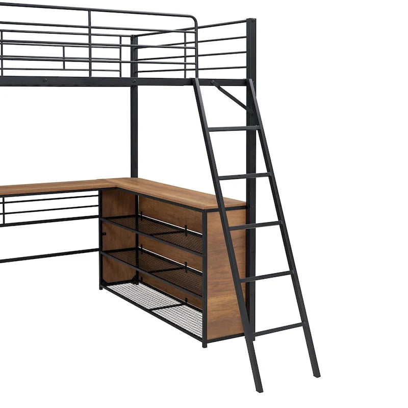 Cama alta de metal con escritorio en forma de L debajo de la cama y 3 estantes de almacenamiento, escalera móvil, cama alta