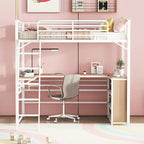 Cama alta de metal con escritorio en forma de L debajo de la cama y 3 estantes de almacenamiento, escalera móvil, cama alta