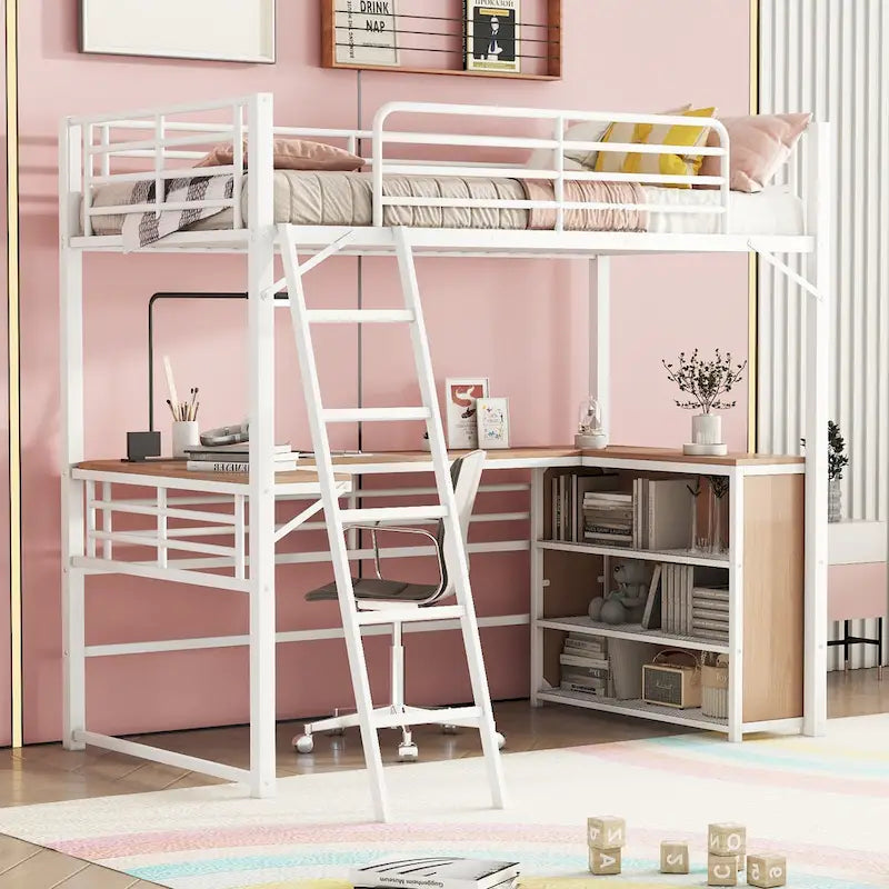 Cama alta de metal con escritorio en forma de L debajo de la cama y 3 estantes de almacenamiento, escalera móvil, cama alta
