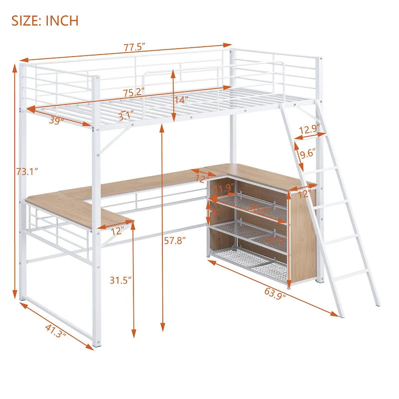 Cama alta de metal con escritorio en forma de L debajo de la cama y 3 estantes de almacenamiento, escalera móvil, cama alta