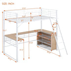 Cama alta de metal con escritorio en forma de L debajo de la cama y 3 estantes de almacenamiento, escalera móvil, cama alta