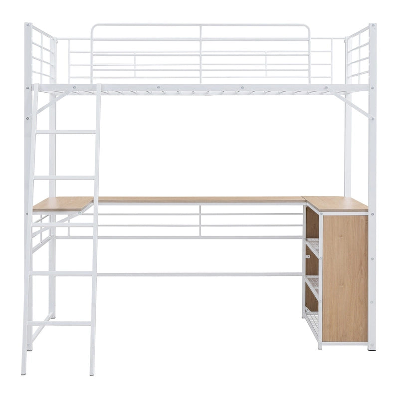 Cama alta de metal con escritorio en forma de L debajo de la cama y 3 estantes de almacenamiento, escalera móvil, cama alta