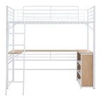 Cama alta de metal con escritorio en forma de L debajo de la cama y 3 estantes de almacenamiento, escalera móvil, cama alta