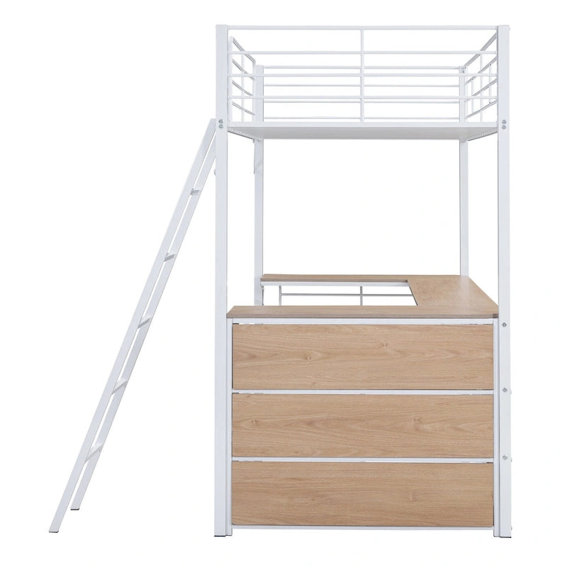 Cama alta de metal con escritorio en forma de L debajo de la cama y 3 estantes de almacenamiento, escalera móvil, cama alta