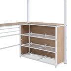 Cama alta de metal con escritorio en forma de L debajo de la cama y 3 estantes de almacenamiento, escalera móvil, cama alta