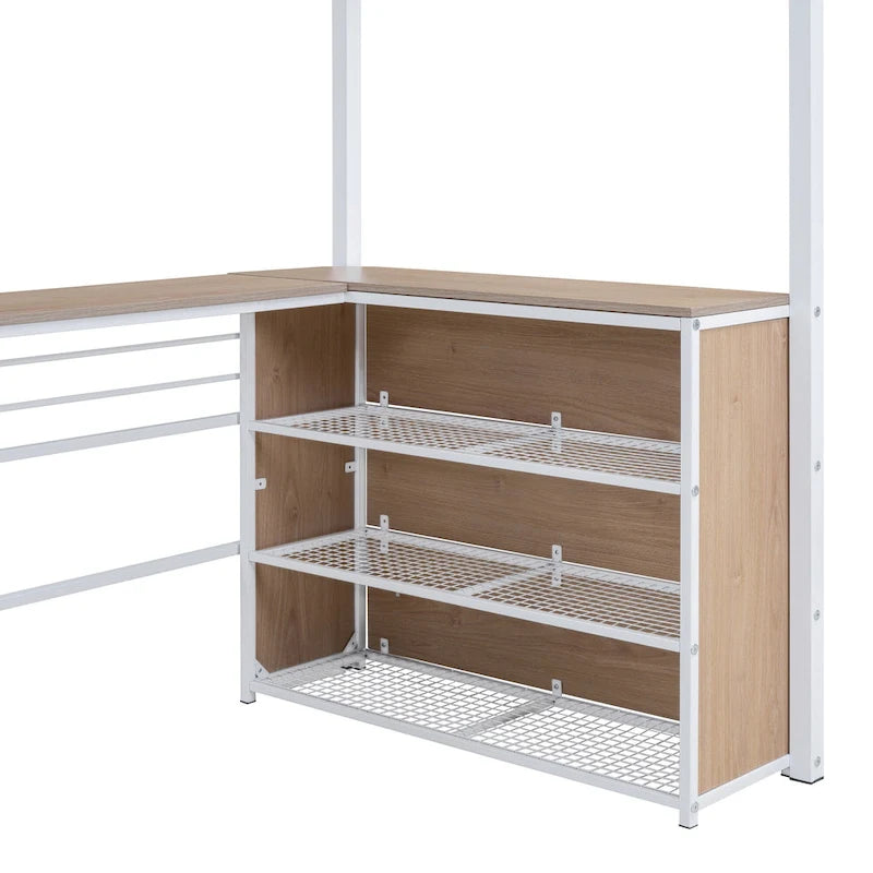 Cama alta de metal con escritorio en forma de L debajo de la cama y 3 estantes de almacenamiento, escalera móvil, cama alta