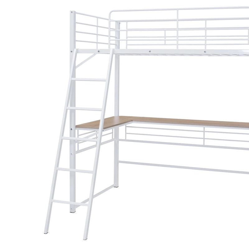 Cama alta de metal con escritorio en forma de L debajo de la cama y 3 estantes de almacenamiento, escalera móvil, cama alta
