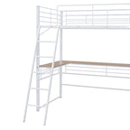 Cama alta de metal con escritorio en forma de L debajo de la cama y 3 estantes de almacenamiento, escalera móvil, cama alta