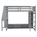 Teens Wood Gaming Loft Bed with Multi-Storage Shelves & Under-Bed Desk, Bedroom Bed Frame with LED & a Hanging Clothes Rack